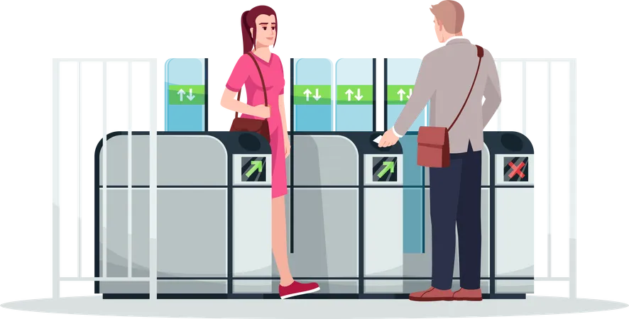 People Using Public Transport Semi Flat RGB Color Vector Illustration Commuting To Work Subway Metro Train Station Automatic Entrance Isolated Cartoon Characters On White Background Illustration