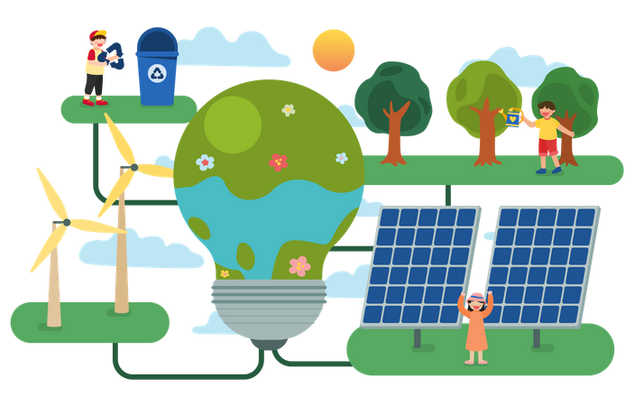 People using renewable source of energy  Illustration