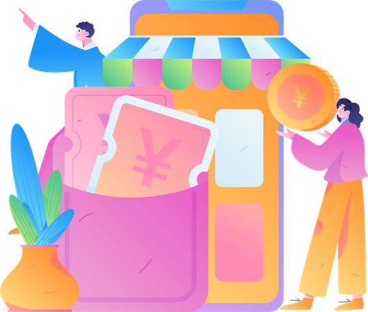 People using shopping voucher on mobile app  Illustration