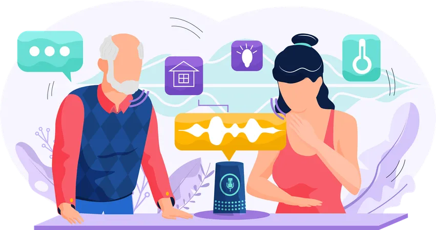 People using Smart speaker with virtual assistant  Illustration