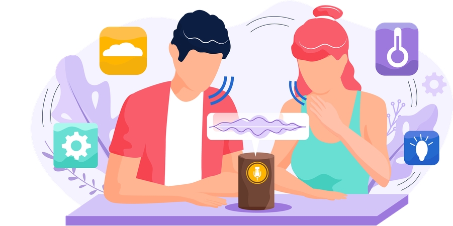 People using Smart speaker with virtual assistant  Illustration