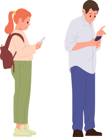 People Cartoon Characters Using Smartphone Digital Device While Waiting Next Turn Standing In Queue Vector Illustration Adult Man And Young Schoolgirl With Mobile Phone In Row Line Isolated On White Illustration