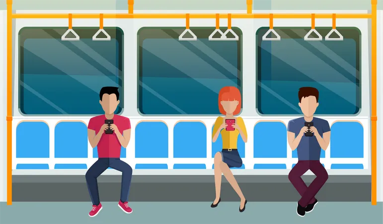 People using smartphone while commuting in metro Illustration