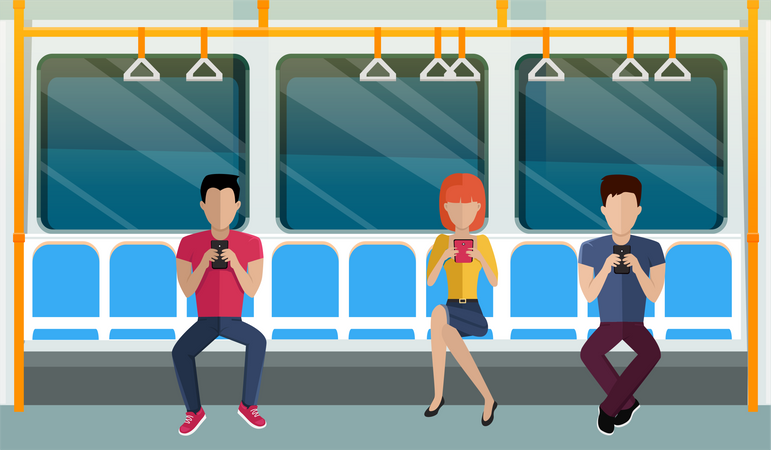 People using smartphone while commuting in metro  Illustration