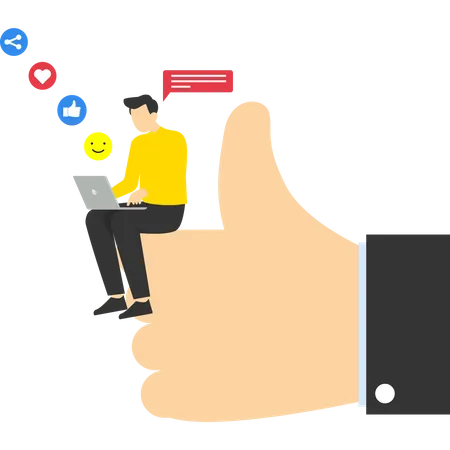 People With Social Media Icons Standing Around Big Thumb Up Male And Female Followers Give Likes On Social Media Customer Review Rating Internet Marketing SMM In Business Vector Illustration Illustration