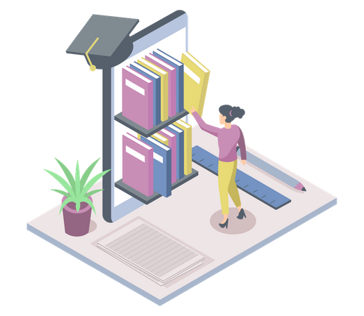 People using virtual library for graduation study Illustration