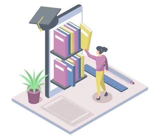People using virtual library for graduation study Illustration