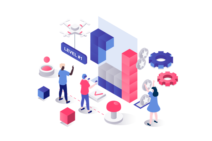 People using VR headsets and controllers for video game Illustration