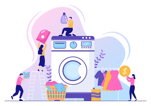People using washing machine Illustration