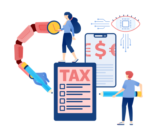 People Utilizing Internet Networks and Cyborg Hands for Tax Surveys  Illustration