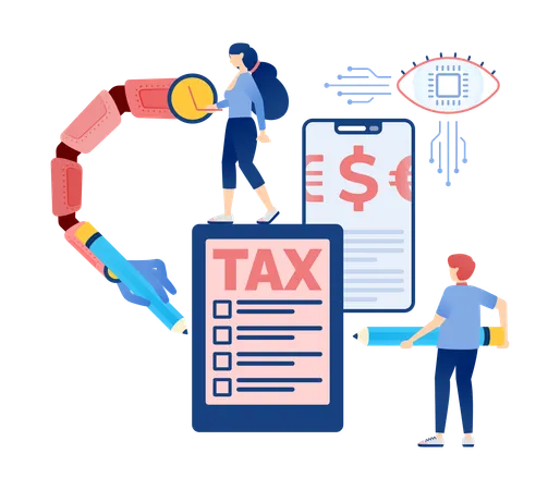 People Utilizing Internet Networks and Cyborg Hands for Tax Surveys  Illustration