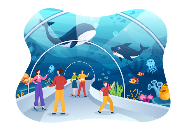 People view whale at fish aquarium  Illustration