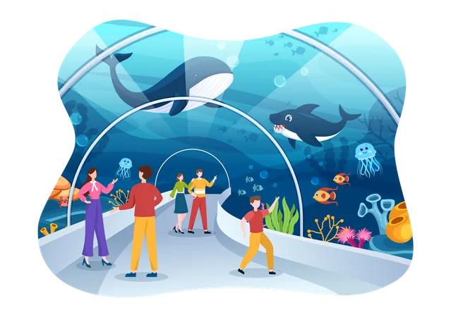 People view whale at fish aquarium  Illustration