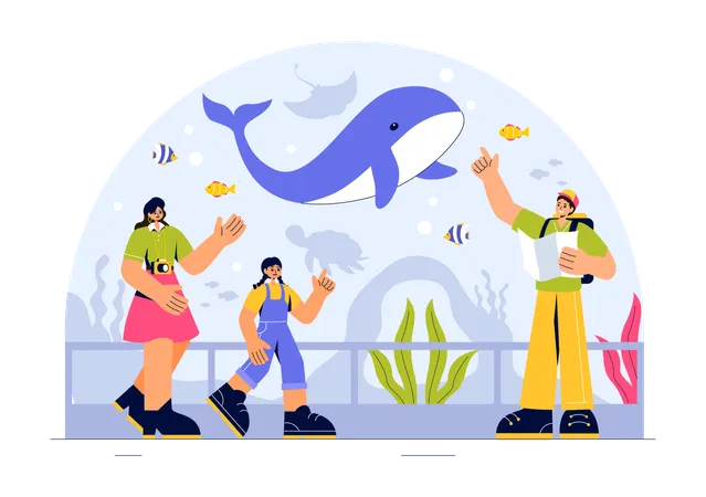 水族館を訪れる人々  イラスト