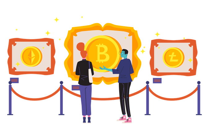 People visiting Cryptocurrency artwork exhibition Illustration
