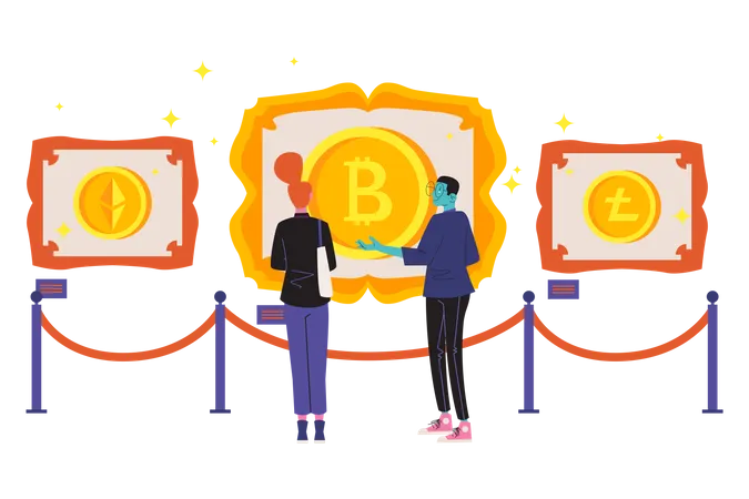 People visiting Cryptocurrency artwork exhibition  Illustration