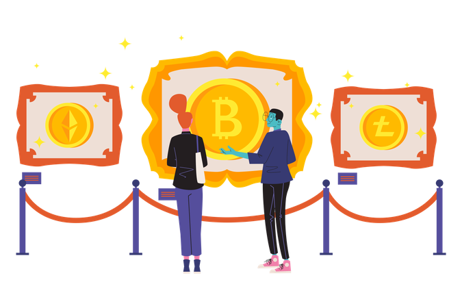 People visiting Cryptocurrency artwork exhibition  Illustration