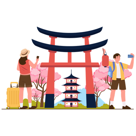 People visiting Japan Shrine  Illustration