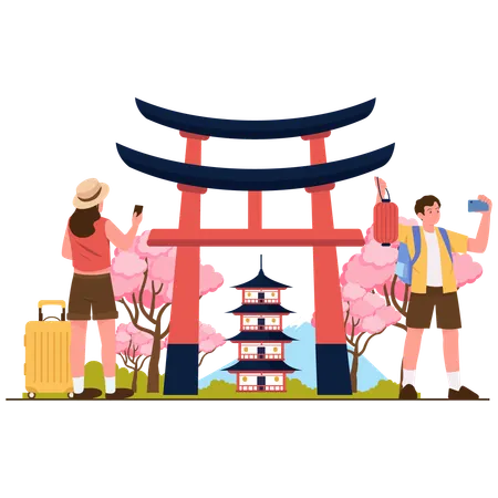 People visiting Japan Shrine  Illustration