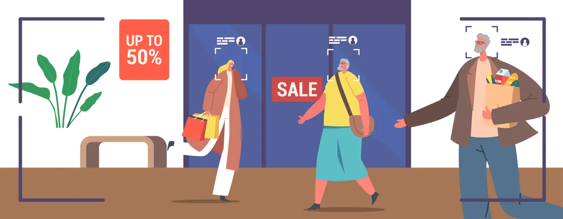 People Visiting Retail Store with Identification Facial Recognition System Illustration
