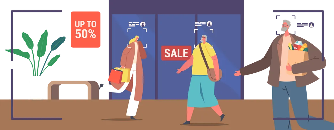 People Visiting Retail Store with Identification Facial Recognition System  Illustration