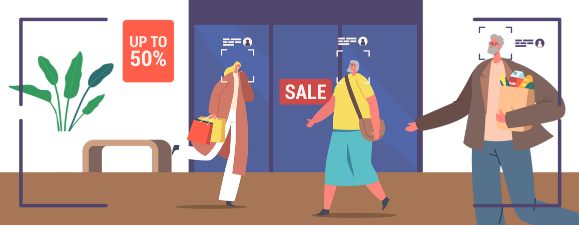 People Visiting Retail Store with Identification Facial Recognition System  Illustration