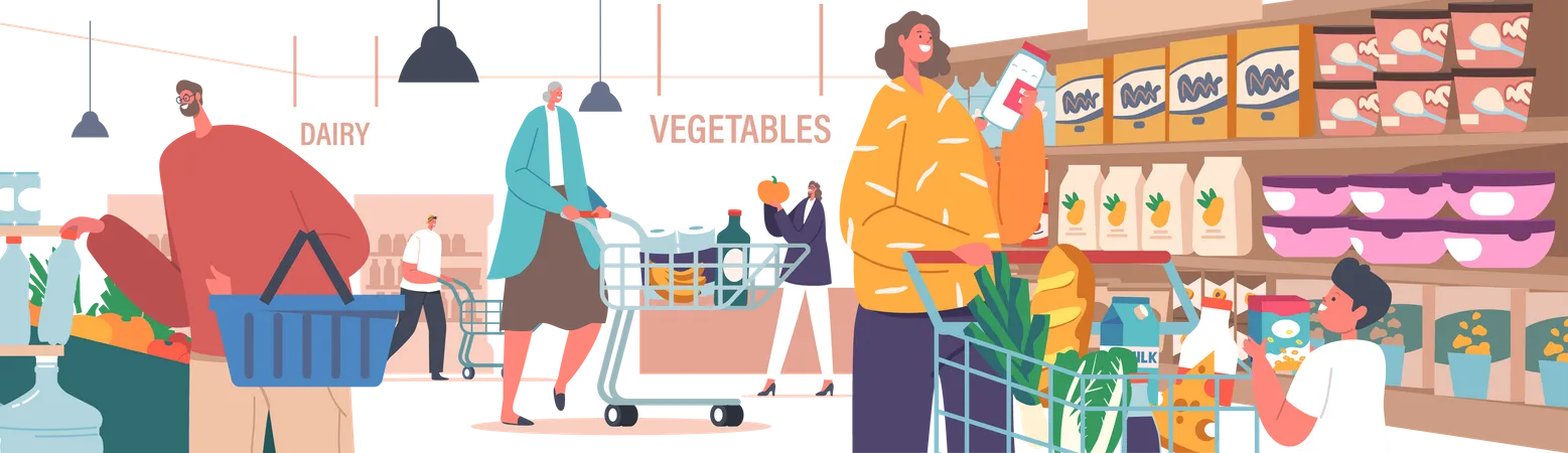 People Visiting Supermarket Illustration