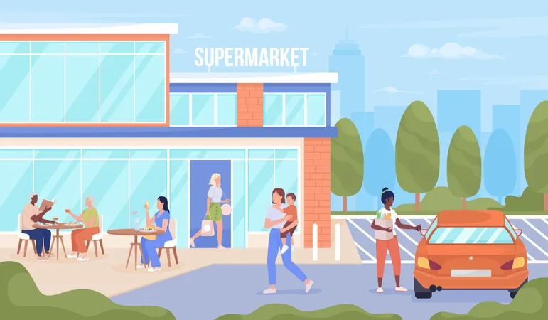 People visiting urban supermarket Illustration