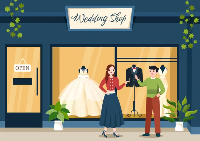 People visiting Wedding Shop Illustration