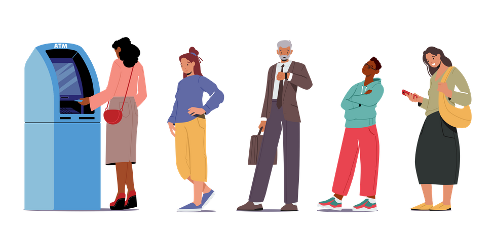 People Waiting At ATM Queue  イラスト