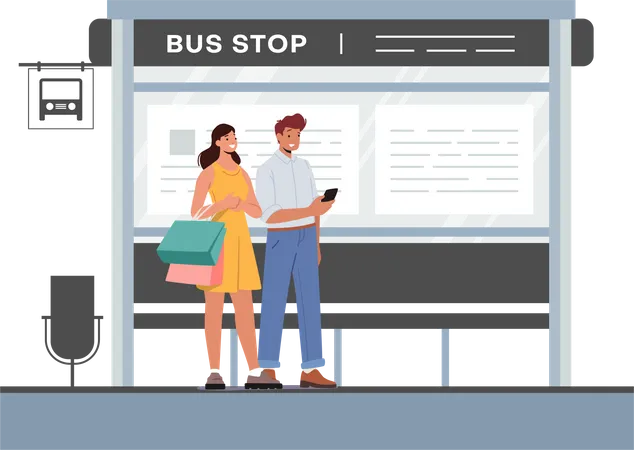 People On Bus Station Man And Woman Characters Waiting Commuter City Transport Isolated On White Background Young Couple Passengers Use Public Transportation Service Cartoon Vector Illustration 일러스트레이션
