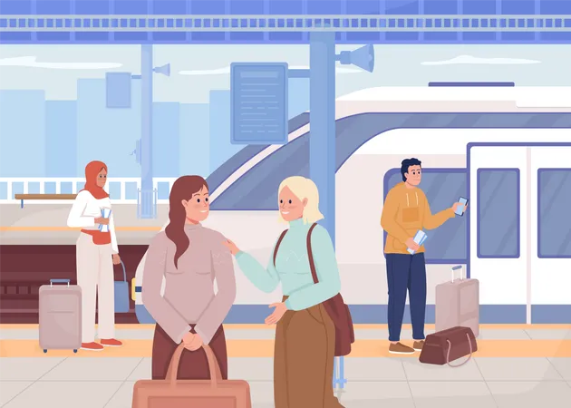People Waiting At Train Station Flat Color Vector Illustration Modern Urban Lifestyle Railway Station Public Area Passengers 2 D Simple Cartoon Characters With Cityscape On Background Illustration