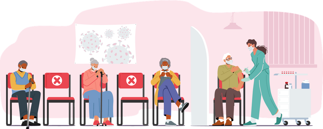 People waiting at vaccination center  イラスト