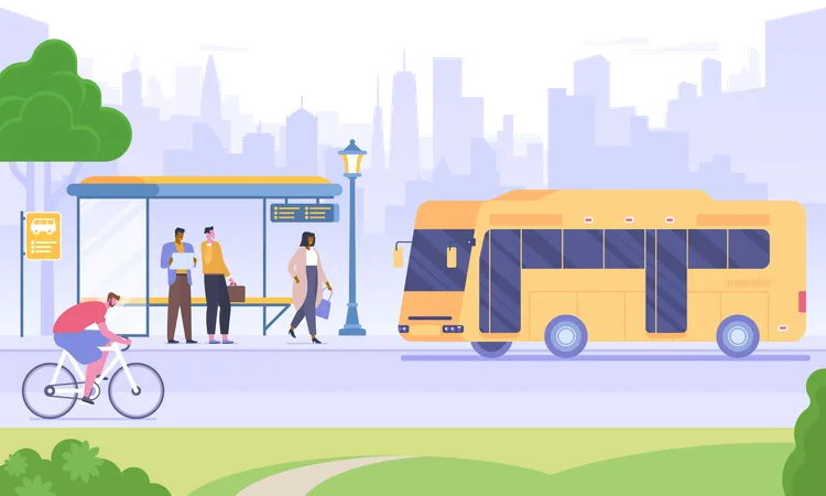 Bus Stop Flat Vector Illustration People Waiting For Bus Man Riding Bicycle Cartoon Characters Urban Transportation Means Public Transport On Skyscrapers Background City Infrastructure Illustration