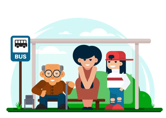 People waiting for bus at bus stop  Illustration