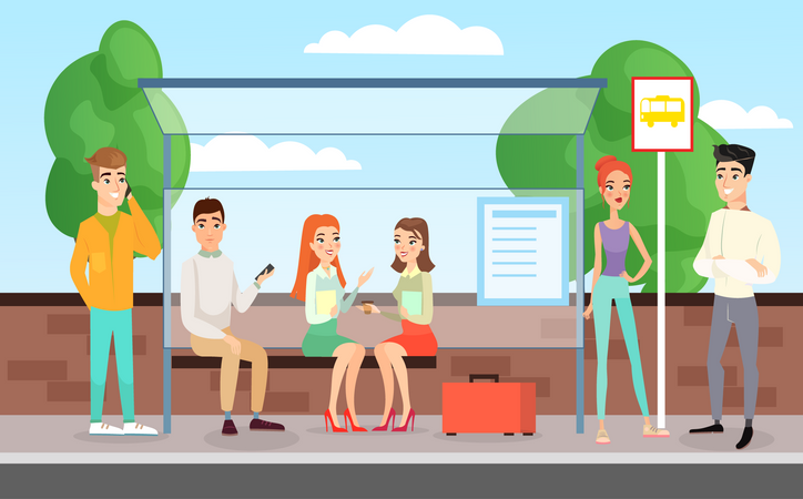 People waiting for bus at bus stop  Illustration