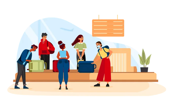 People Waiting For Luggage At Baggage Carousel Illustration