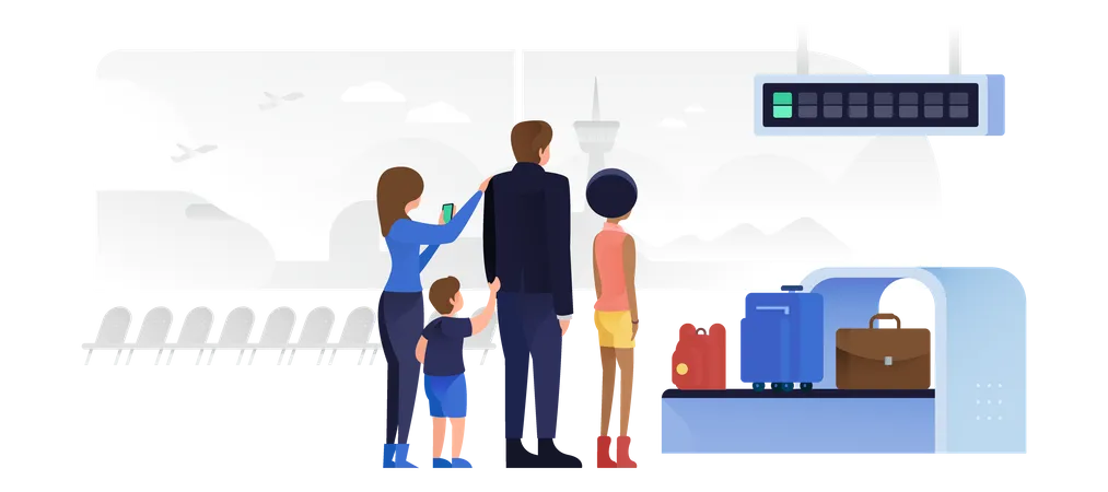 People Waiting For Luggage At Baggage Carousel Illustration