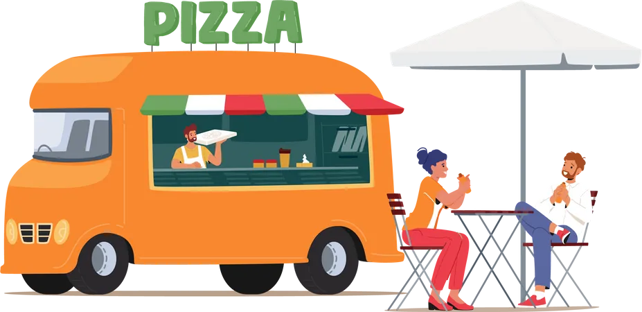 People waiting for pizza outside pizza truck Illustration