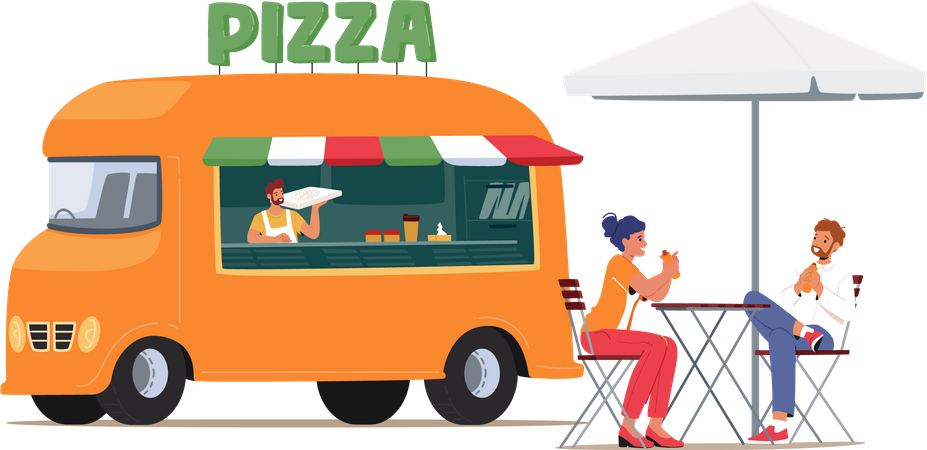 People waiting for pizza outside pizza truck  Illustration