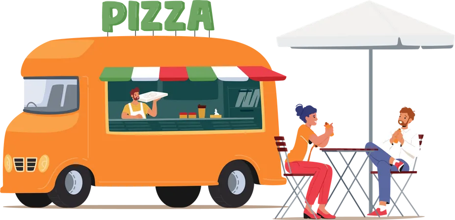 People waiting for pizza outside pizza truck  Illustration