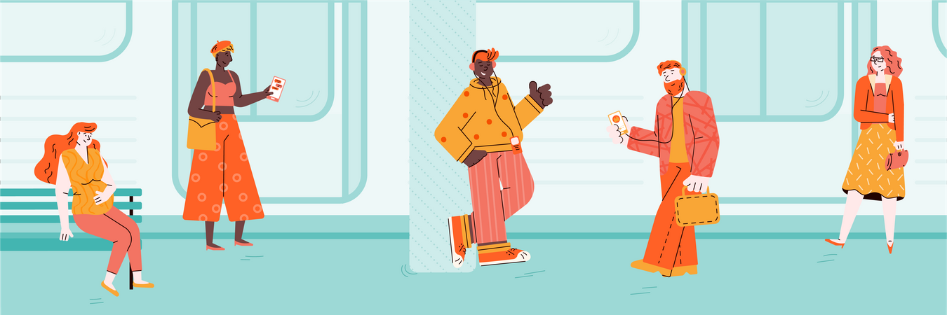 People waiting for train on subway platform  Illustration