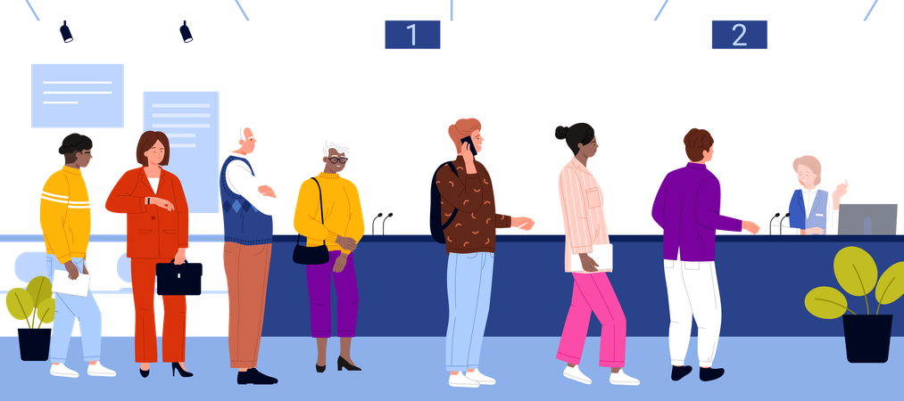 銀行の窓口で列に並んでいる人々  イラスト
