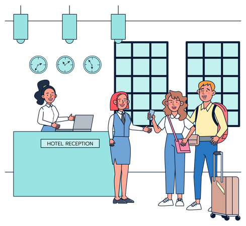 People waiting near hotel reception  Illustration