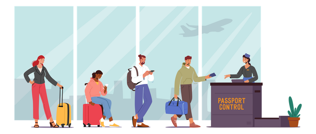 People waiting to get on airplane Illustration