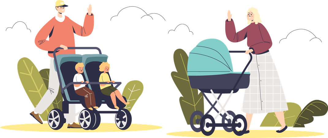 People walk with baby strollers in park Illustration