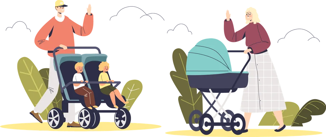 People walk with baby strollers in park  Illustration