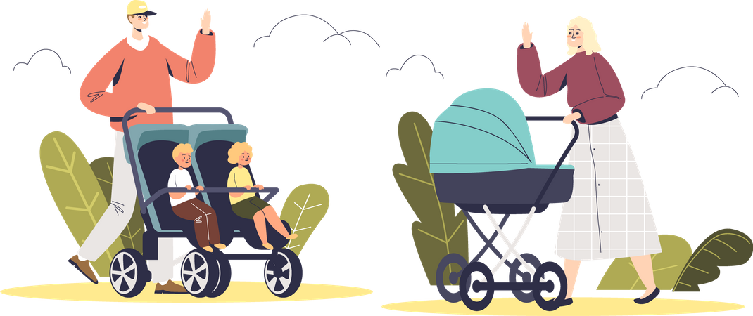 People walk with baby strollers in park  Illustration