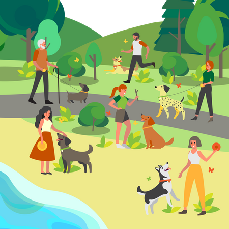 People walking and playing with their dogs in the park Illustration