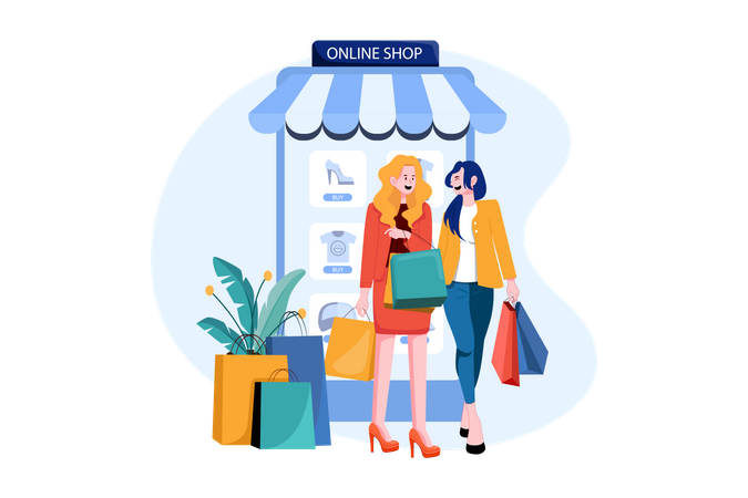 People walking in an online store. Illustration